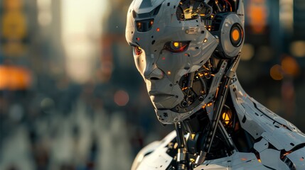 Fototapeta premium Futuristic robot in a bustling city during twilight hours