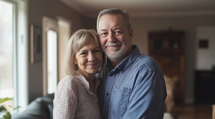 happy smiling mature family couple real estate owners standing at home, affectionate middle aged man and woman in love hugging in modern house living room interior.