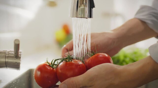 The basis of health. A Caucasian man carefully washes red tomatoes. The man's hands wash fresh farm vegetables with water, demonstrating his commitment to current principles of healthy eating