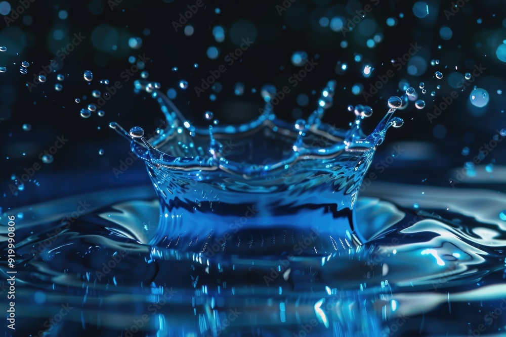 Poster a close-up of a single water drop on a blue surface