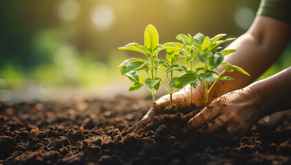 Fototapeta premium Plant in Hands at garden nature background