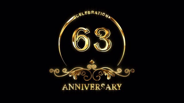 63rd Anniversary Celebration. Happy 63 Years Anniversary Animation in Gold Color on the Transparent Background, Alpha Channel. Great for greetings, celebrations, events, and gifts.