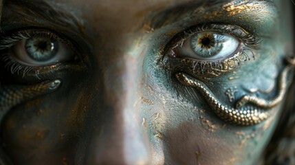 Close-up of a person with intricate face paint and snake design on skin, showcasing unique artistry
