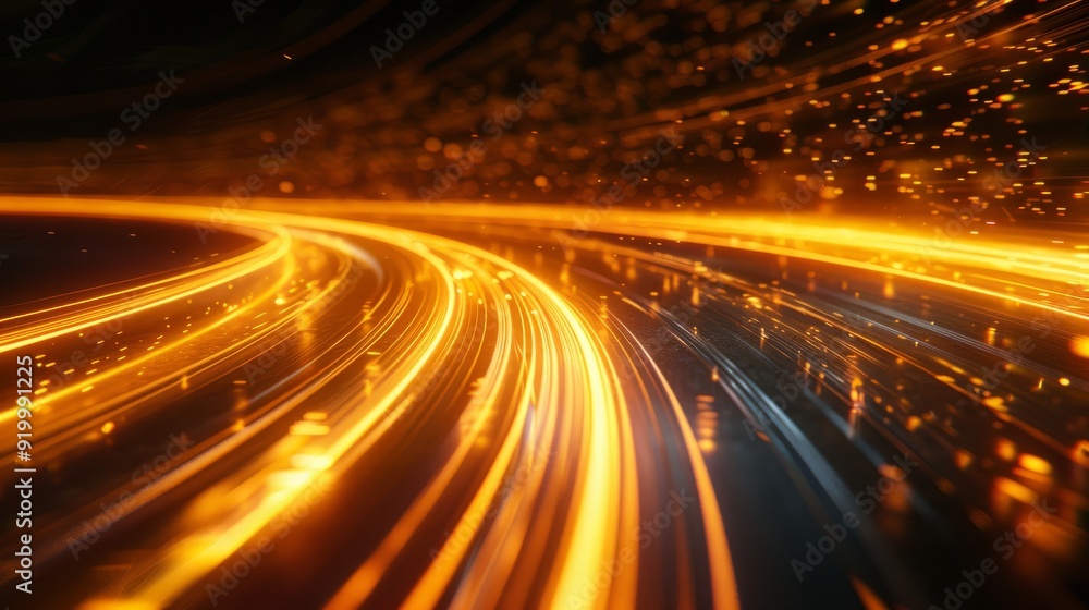 Poster glowing orange light trails create a dynamic abstract pattern against a dark background