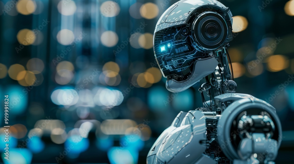 Poster futuristic robot with glowing features in a modern technology setting