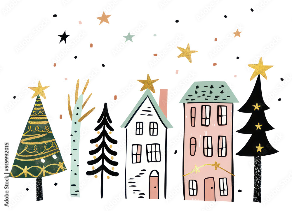 Poster png whimsical festive winter village illustration