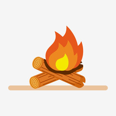 Flat illustration campfire wood, wooden brown with fire