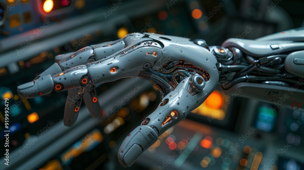 Poster robotic hand reaching out in a futuristic control room with glowing interfaces