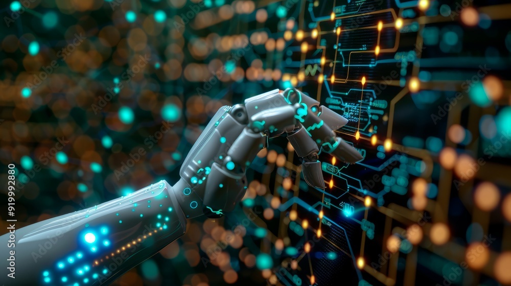 Poster a robotic hand interacting with a futuristic digital interface full of circuits and lights