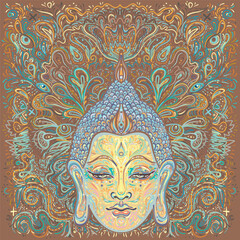 Buddha face over ornate mandala round pattern. Esoteric vintage vector illustration. Indian, Buddhism, spiritual art. Hippie tattoo, spirituality, Thai god, yoga zen Coloring book pages for adults.