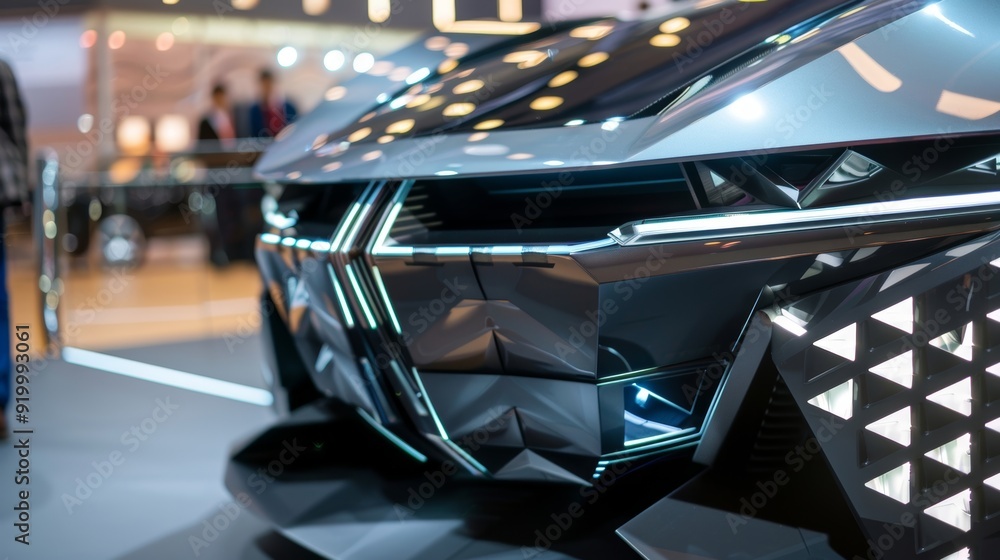 Poster the unique front grille of a concept car with a futuristic geometric design and led lights embedded 