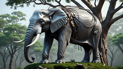 Fototapeta premium A metallic elephant stands in a forest, a futuristic and organic blend.