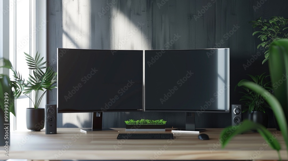 Aufkleber A modern workspace with two monitors and a keyboard