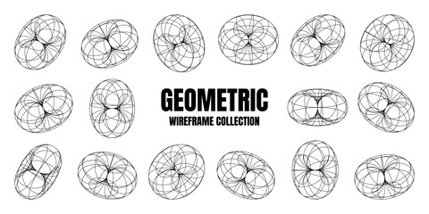 Wireframe shapes, lined torus. Perspective mesh, 3d grid. Low poly geometric elements. Retro futuristic design elements, y2k, vaporwave and synthwave style. Vector illustration