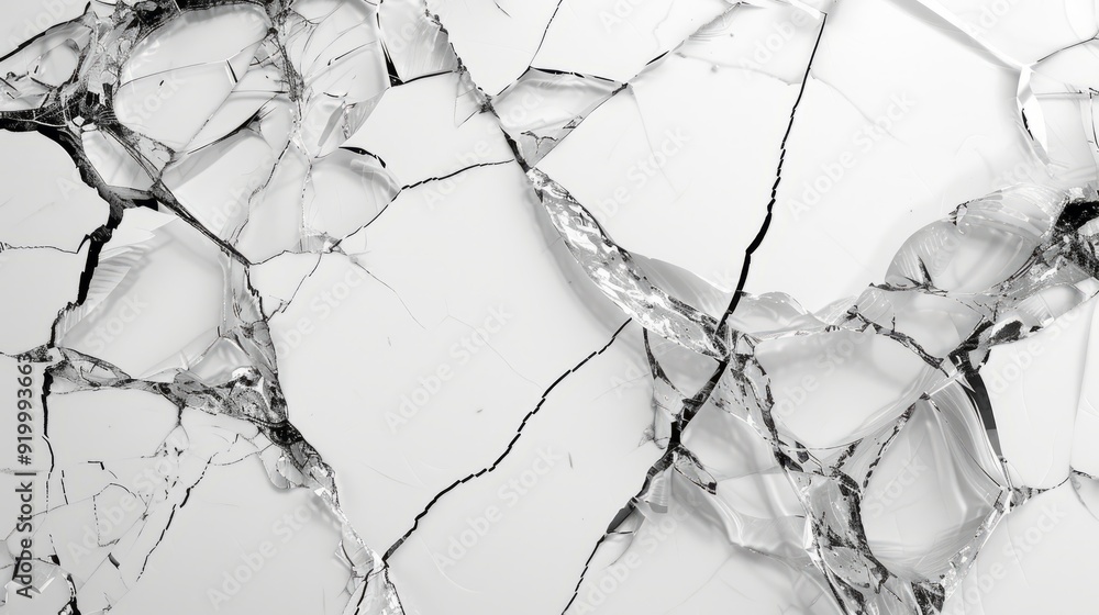 Poster fractured glass surface showing intricate patterns and reflections in bright light