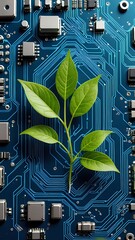 Green leaves growing from a blue circuit board, representing the connection between nature and technology.