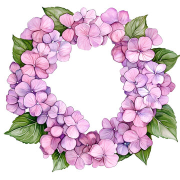 recommend clip art: Pink Hydrangea Flower wreath watercolor Illustration on a transparent background. Hydrangea flowers clipart.
                    