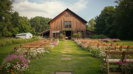 A rustic barn stands at the end of a flower-lined pathway, with rows of chairs set up for a wedding ceremony under a clear sky.