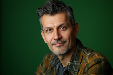 Obraz premium happy, studio portrait of a man in his 40s, front mugshot, looking at the camera, facing the camera straight ahead, random clothes. green style