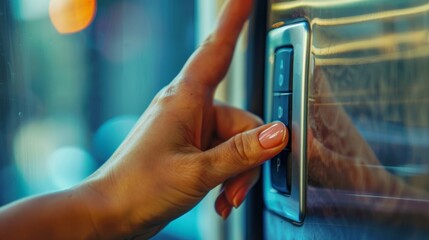 A detailed shot of a hand reaching out to press the up arrow on a power window control the skin slightly wrinkled and the nail polish chipped.