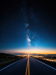 Fototapeta premium A breathtaking view of a long road leading into a starry night sky, illuminated by the distant city lights and the Milky Way.
