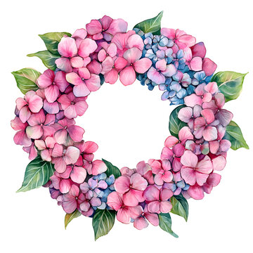 recommend clip art: Pink Hydrangea Flower wreath watercolor Illustration on a transparent background. Hydrangea flowers clipart.
                    