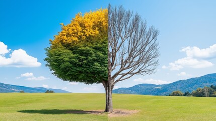 A lone tree stands in a green field, split down the middle with one side in full autumn foliage and the other bare branches against a blue sky.
