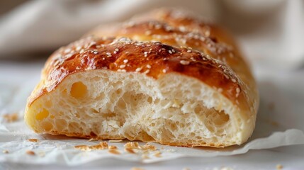 A single slice of an artisan roll with a crust that is perfectly caramelized and crackling. The dough inside is soft and fluffy with hints of tanginess from the natural fermentation