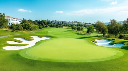 Scenic aerial view of a beautiful golf course with lush green fairways, bunkers, and a luxurious clubhouse in the background.