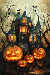 Haunted House on a Moonlit Halloween Night