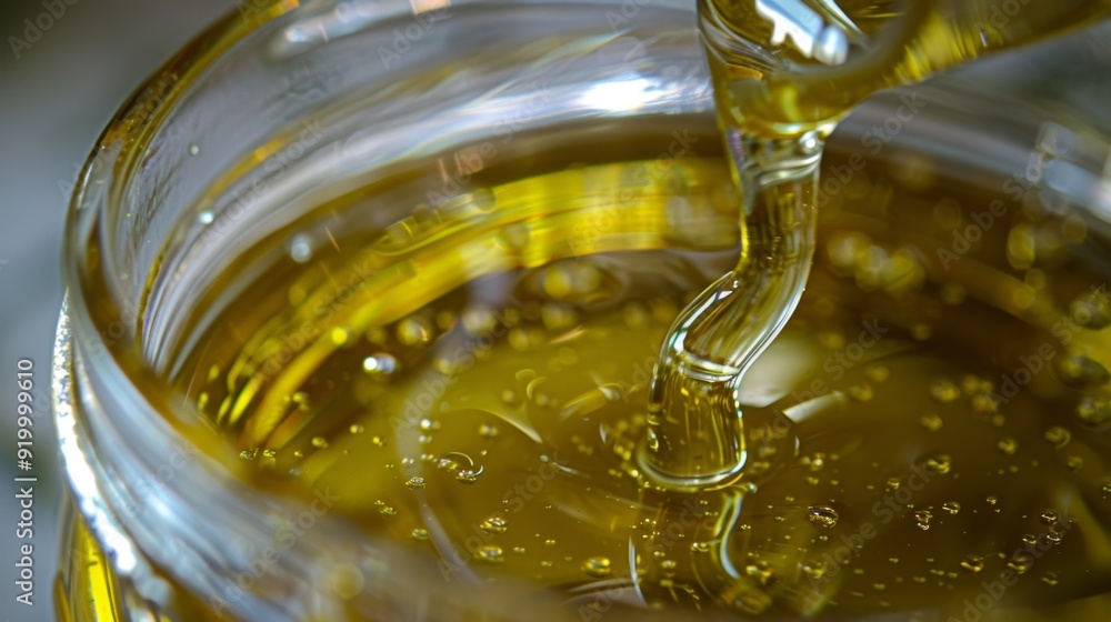 Poster a macro shot of a s dipped into a jar of olive oil capturing the thick and viscous texture of the oi