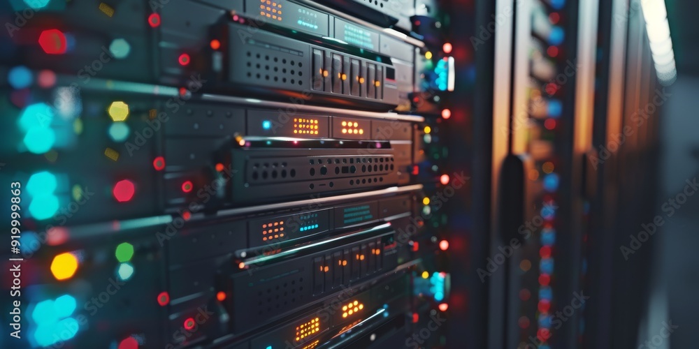 Poster this is a detailed closeup view showcasing illuminated server racks within a modern, cuttingedge dat