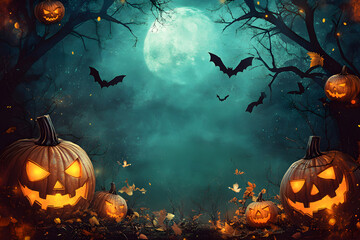 Halloween Themed Background with Jack-o'-Lanterns and Bats