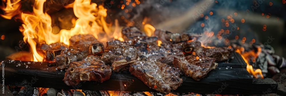 Canvas Prints Grilling Chianina Beef Steaks over Fire and Embers