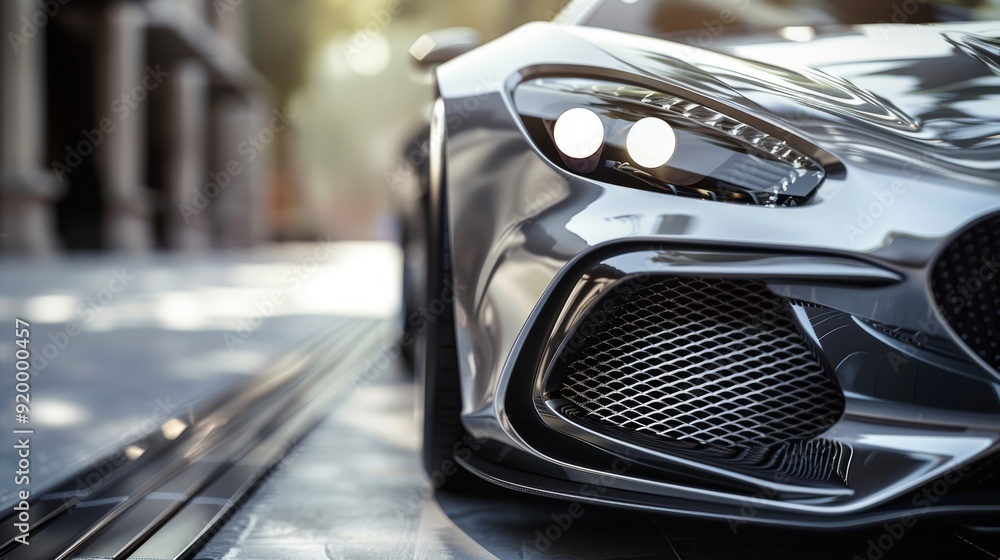Poster a sharp and angular front grille on a sports car featuring a mix of honeycomb and diamond shapes in 