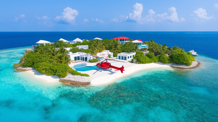 Luxury tropical island resort with a red helicopter on a sandy beach. Turquoise water, palm trees, and blue sky create a perfect paradise getaway.