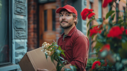  A delivery worker in a red cap and shirt is holding a package while standing outside a building. Red flowers in the foreground