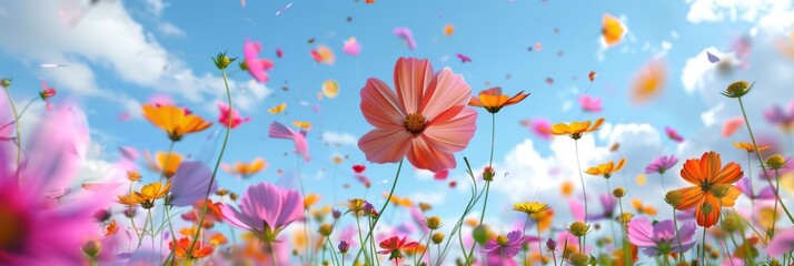 Fototapeta premium A stunning landscape of vibrant wildflowers blooming under a blue sky with fluffy clouds, creating an idyllic scene