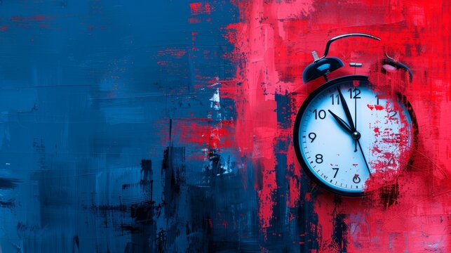 Alarm clock on a blue and red background, time concept.