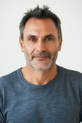 Obraz premium happy, studio portrait of a man in his 40s, front mugshot, looking at the camera, random clothes. white backgound