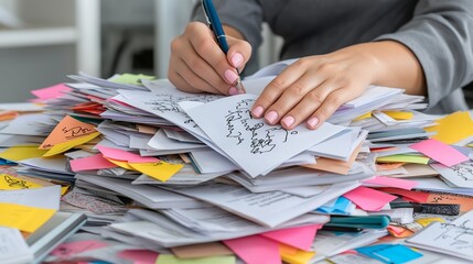 Businesswoman hands working on paperwork with pile of documents.