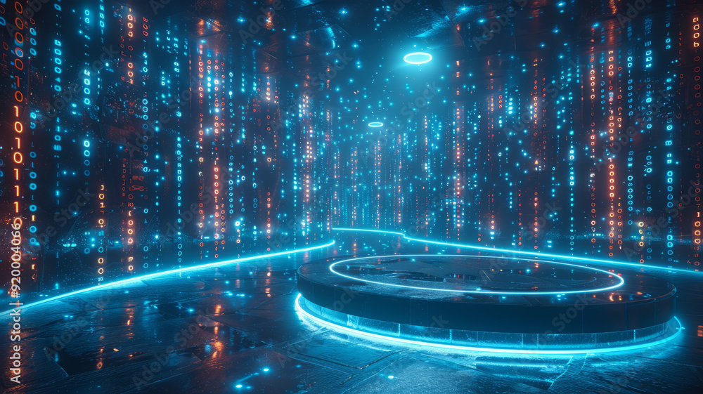 Poster 3d rendering of empty podium with blue light in a digital city background. big data technology and a