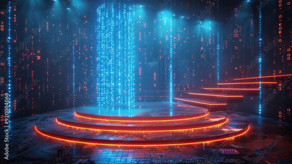 Poster 3d rendering of empty podium with blue light in a digital city background. big data technology and a