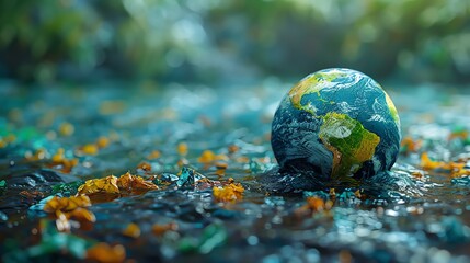 Image of a small globe amidst a polluted environment, highlighting the impact of pollution on Earth and the need for environmental conservation.