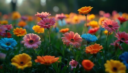 Fototapeta premium A vibrant field of colorful flowers in full bloom bathed in warm sunlight, showcasing natural beauty and the essence of spring or summer.
