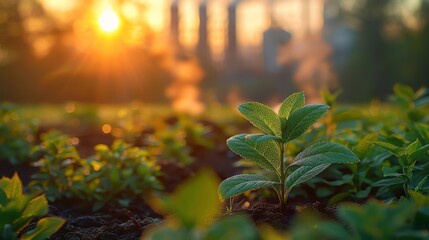 Close-up of fresh green seedling on fertile soil in a field with sunrise background, symbolizing growth, agriculture, and new beginnings.