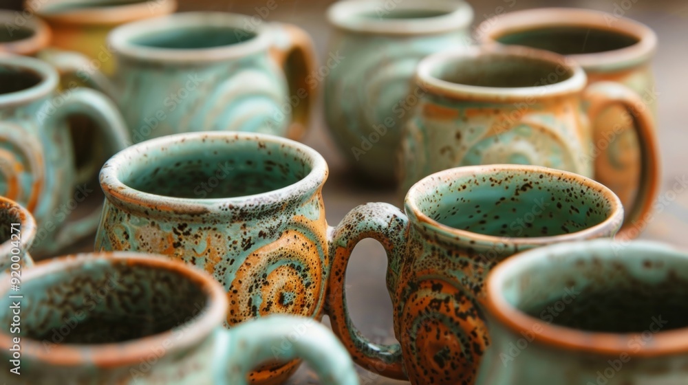 Poster a set of mugs each one a unique piece of handthrown pottery. the surface of each mug is textured wit