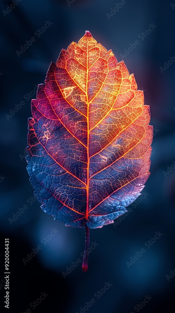 Poster close-up of a vibrant leaf with a vivid color gradient from red to blue, capturing intricate leaf de