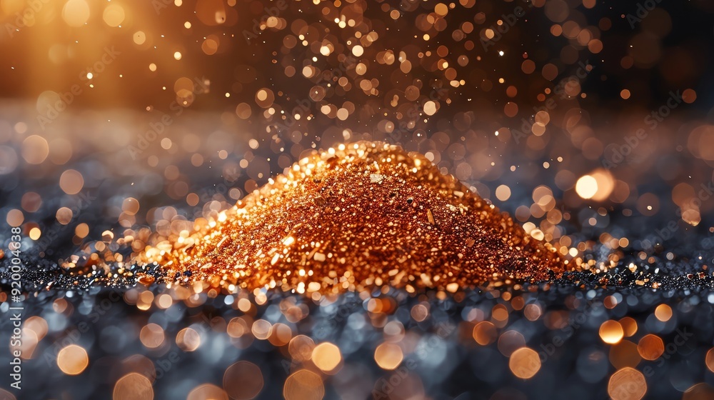 Poster close-up of a sparkling pile of orange glitter in soft focus with a glowing bokeh background, ideal 
