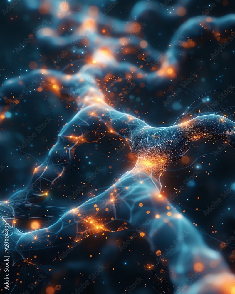 Poster abstract neural network representation with vibrant, glowing nodes and connections symbolizing digit